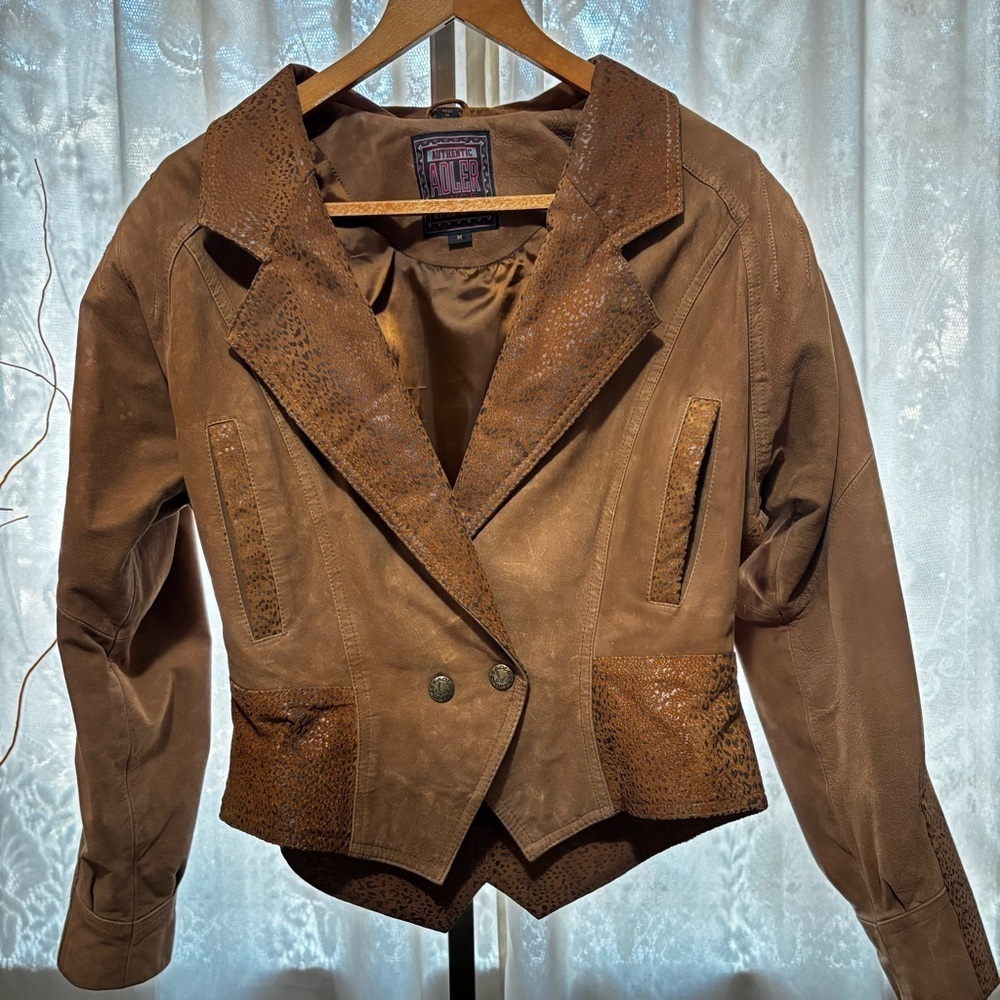 Authentic Adler Leather Jacket short waisted w/animal print & padded shoulders - Picture 10 of 16